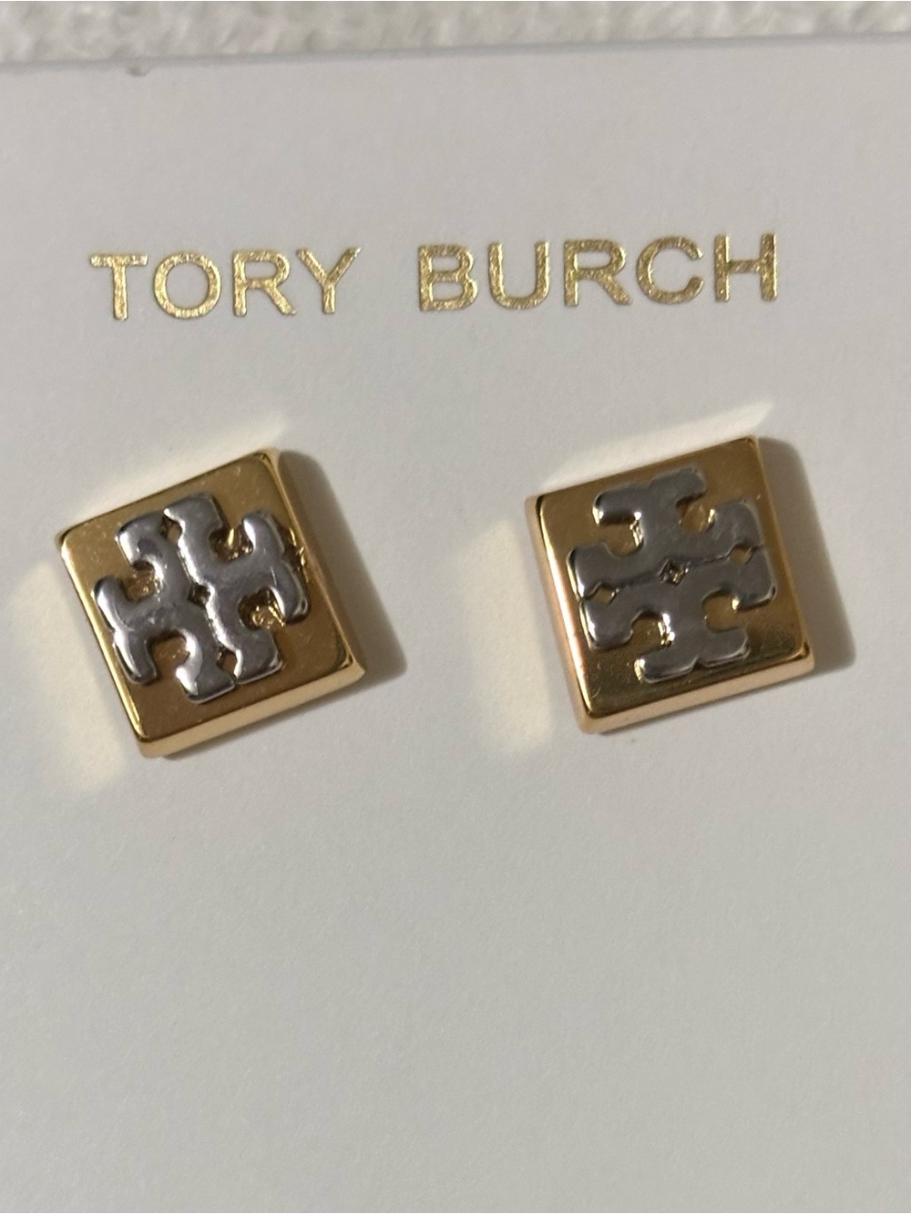 NWT Tory Burch Gold & Silver Toned T Logo Square Stud Earrings